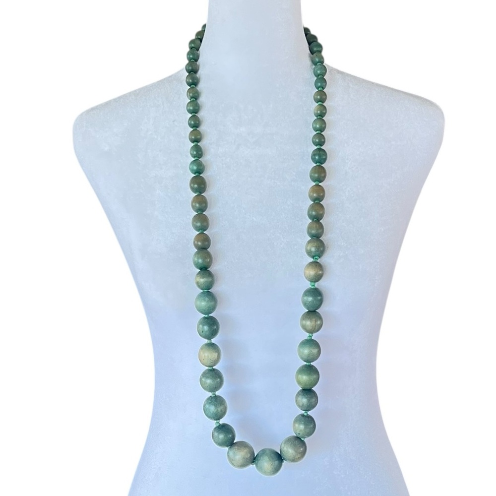 Vintage Green Wooden Bead Necklace Boho Statement Retro Earthy Long